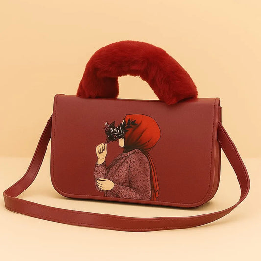 Handbags For Girls latest Printed Hijabi Girl design - Fashion Hand Bags -Premium Shoulder Bag with long belt - Handbag for Girls Ladies ( Red )