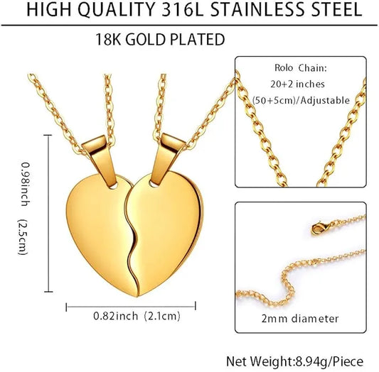 Golden Heart Broken 2 Pendant Necklace With 2 Chain For Girls Women Men Couples Unisex Friendship Nacklace